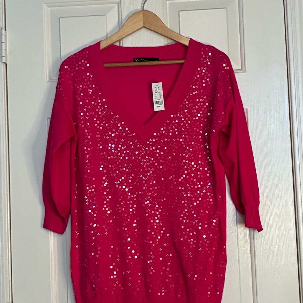 NWT New York & Company Fuchsia V-Neck Sequin Sweater